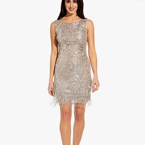 Adrianna Papell Sequin Beaded Fringe Short Mini Dress - Picture 1 of 11